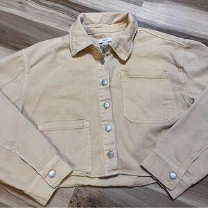 Forever 21 Women’s Large L Cropped Pale Yellow Denim Jean Jacket Utility Shacket